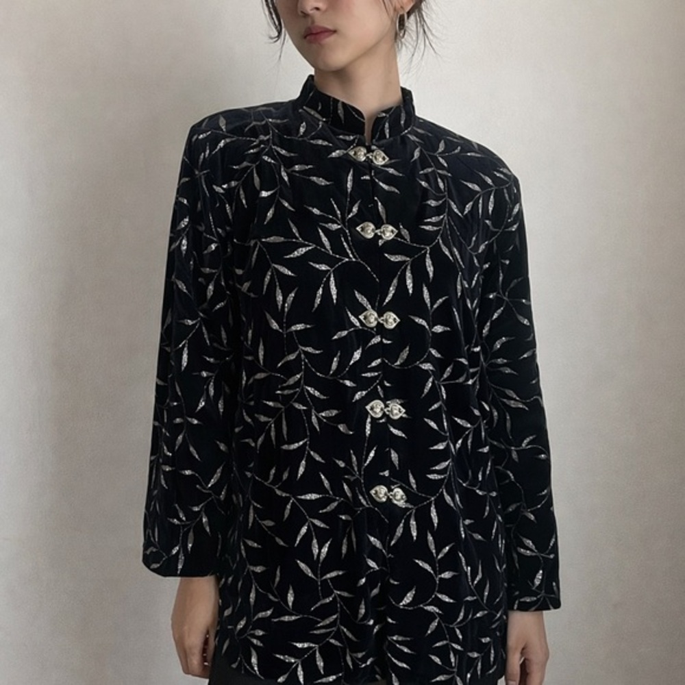 Vintage 90s Black Whimsigoth Velvet Silver Leaf Jacket Size‎ 2X